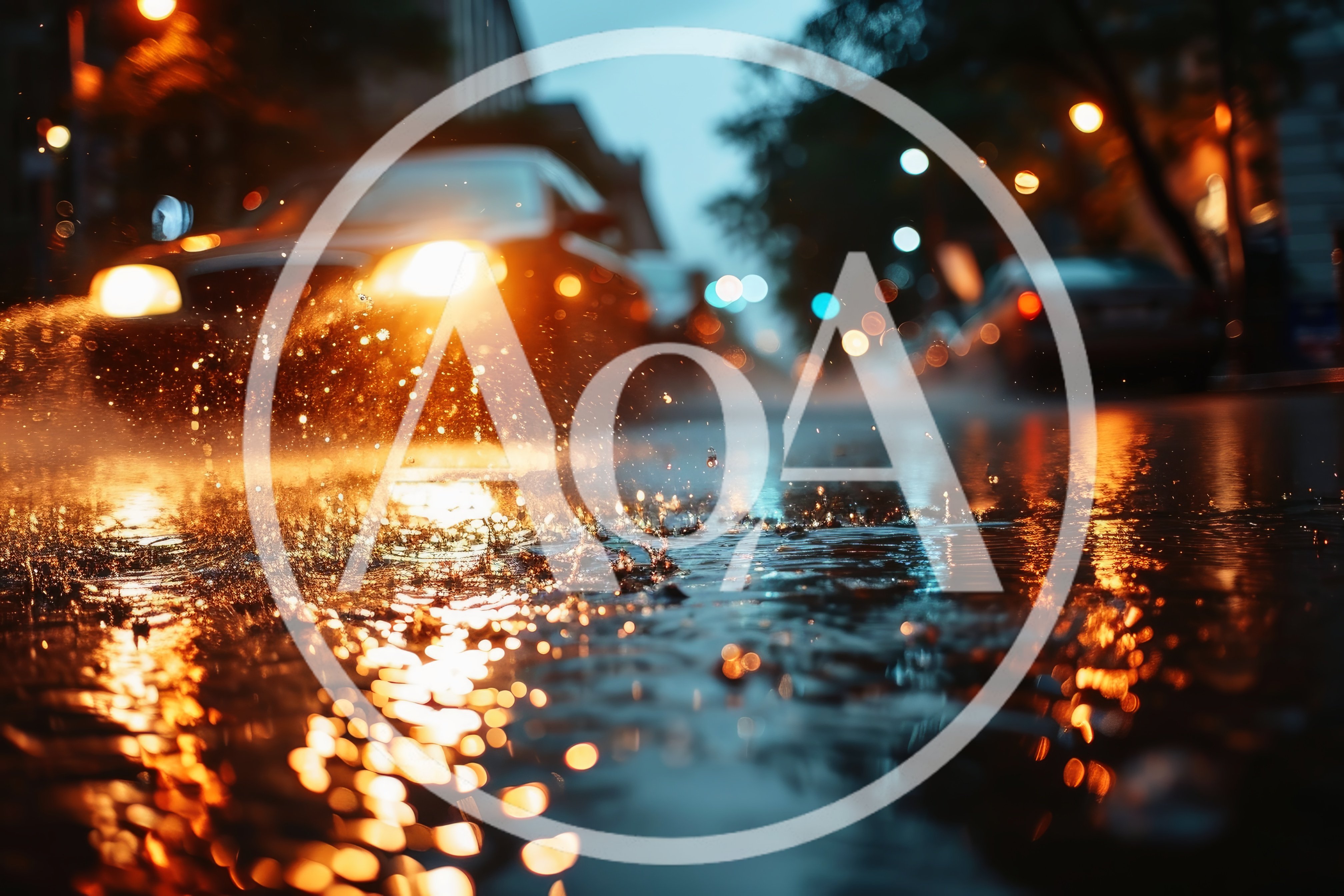 Car Driving Through Rain Puddle At Night