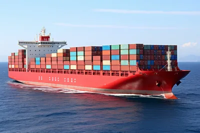Large Red Container Ship Sailing Across Open Ocean