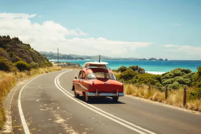 Vintage Red Car Driving Along Coastal Road