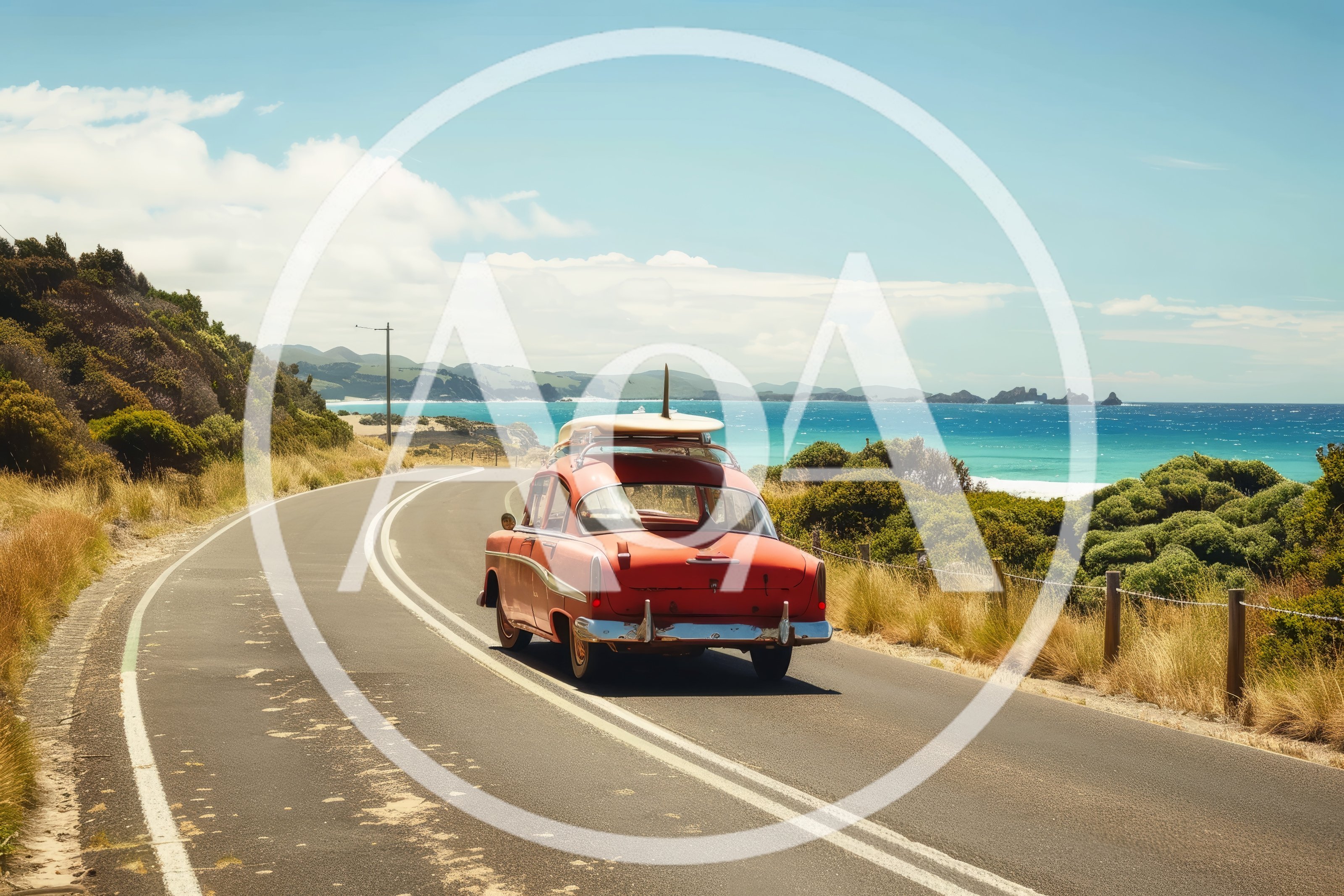 Vintage Red Car Driving Along Coastal Road
