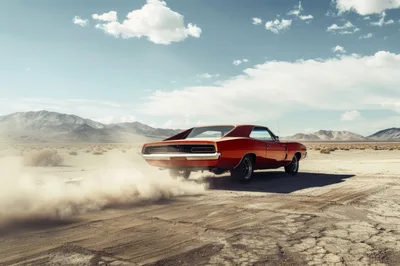Classic Red Muscle Car Driving Through Desert