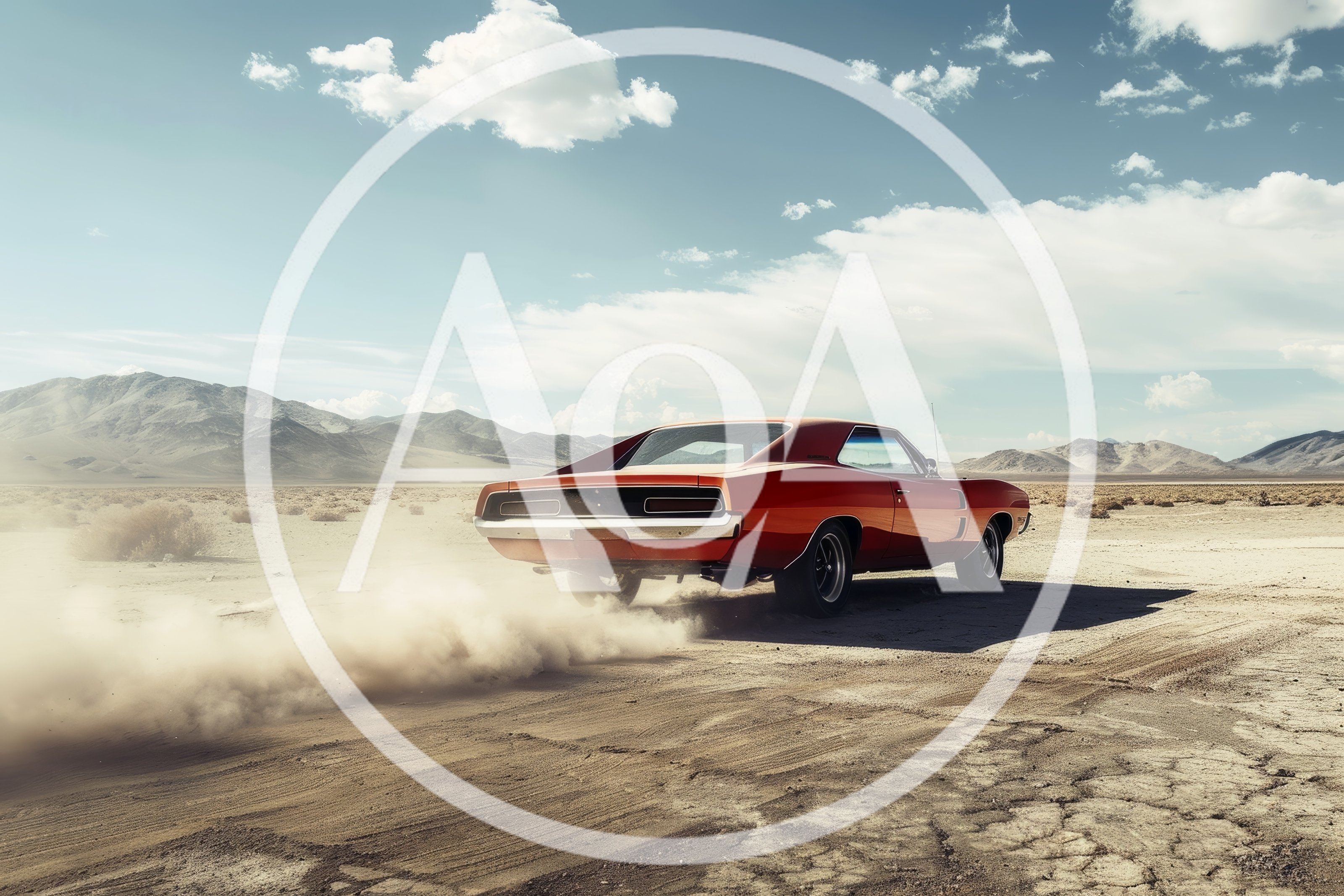 Classic Red Muscle Car Driving Through Desert