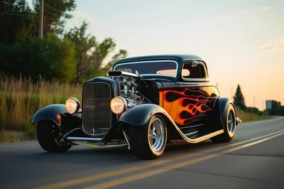 Classic Black Hot Rod With Flame Decals Driving