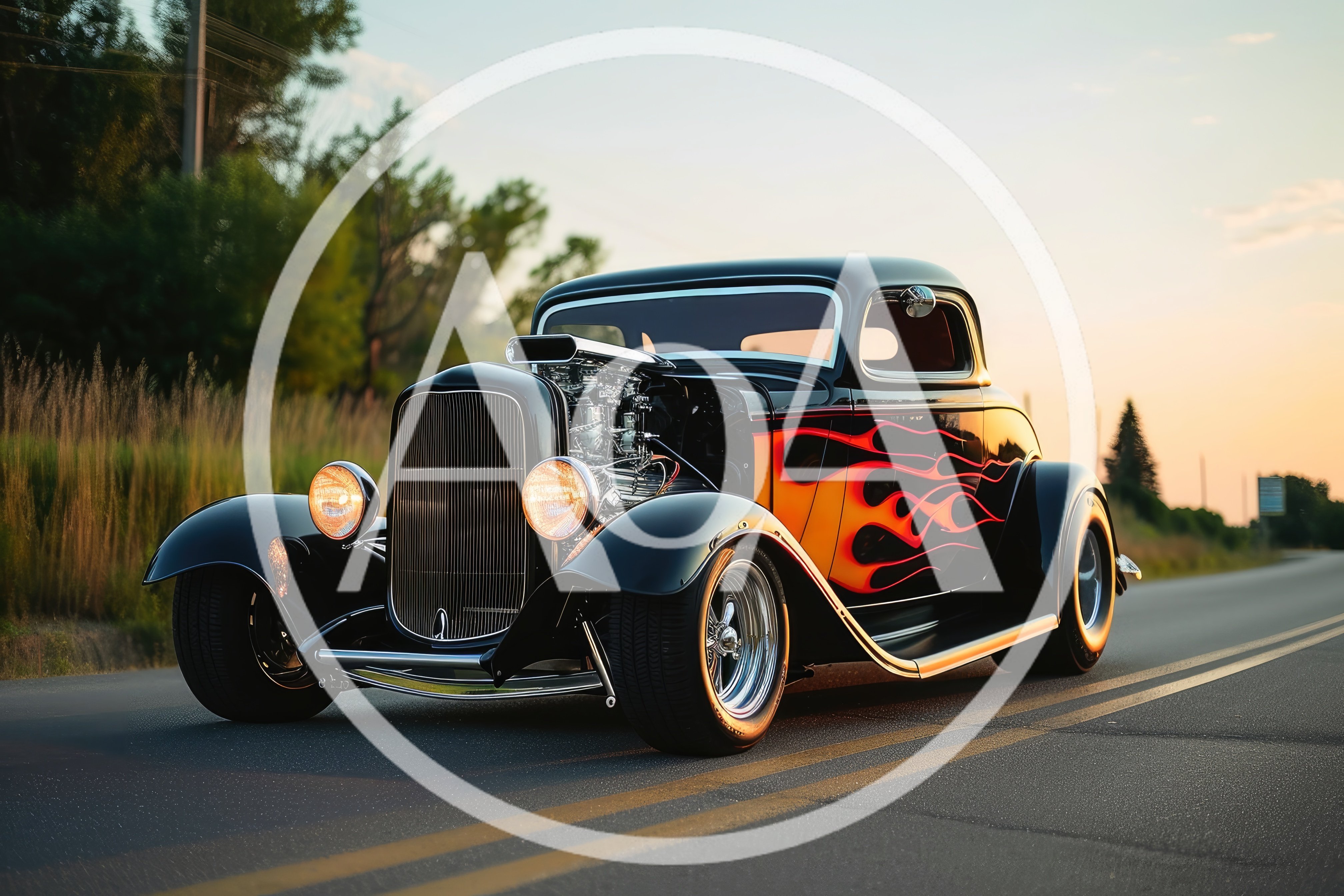 Classic Black Hot Rod With Flame Decals Driving