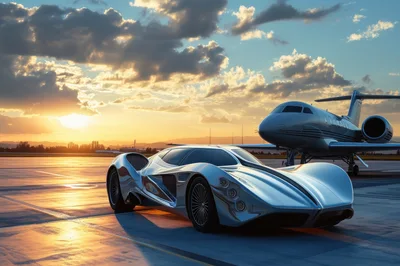 Futuristic Silver Concept Car Parked Near Private Jet