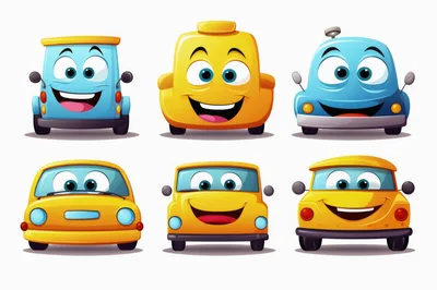 Set of Six Cartoon Car Characters