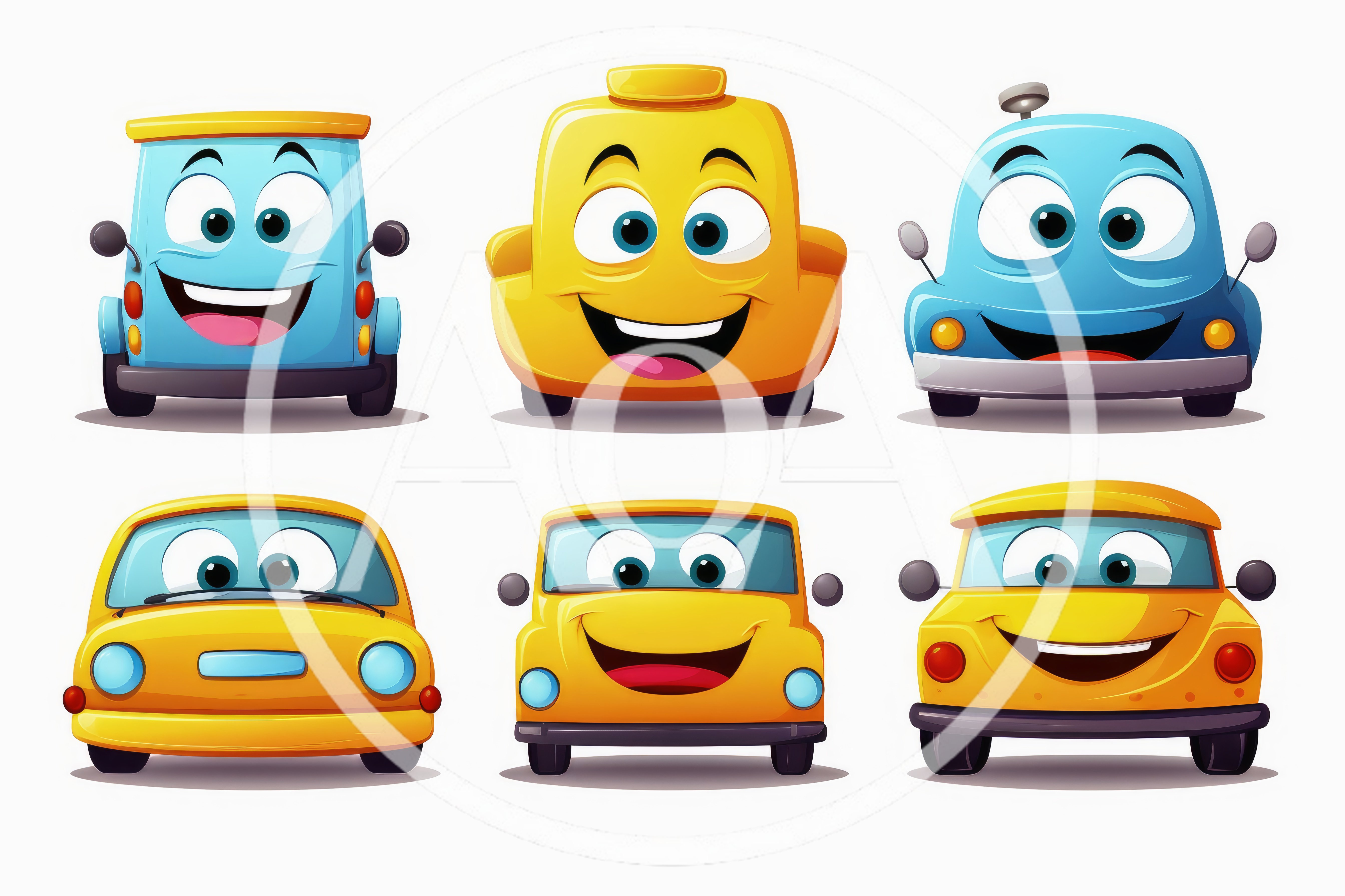 Set of Six Cartoon Car Characters