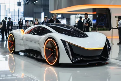 Futuristic White Concept Car Displayed At Auto Show