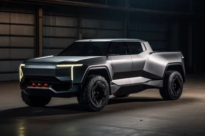 Futuristic Electric Pickup Truck Concept In Industrial Warehouse