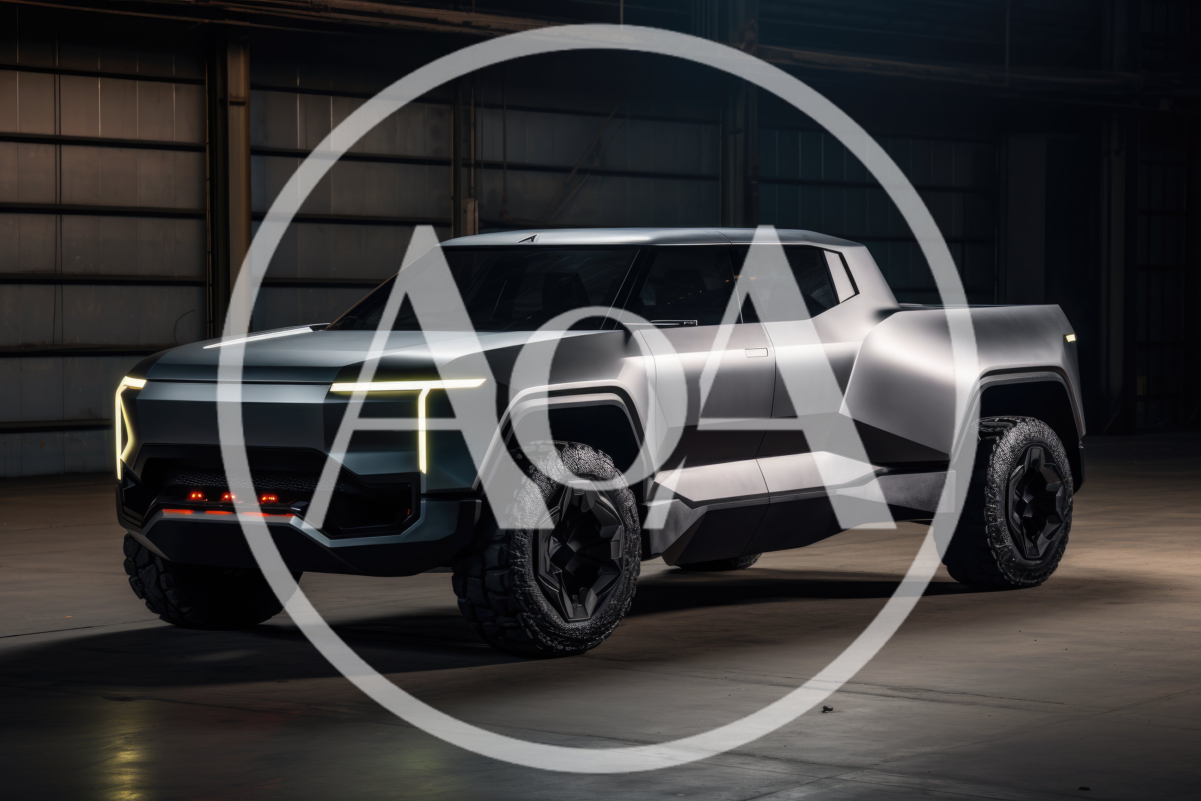 Futuristic Electric Pickup Truck Concept In Industrial Warehouse