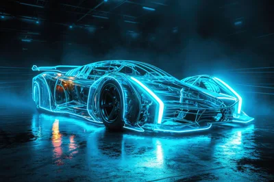 Futuristic Neon Wireframe Supercar In Dark Garage