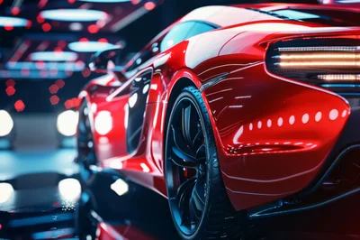 Red Sports Car In A Modern Showroom