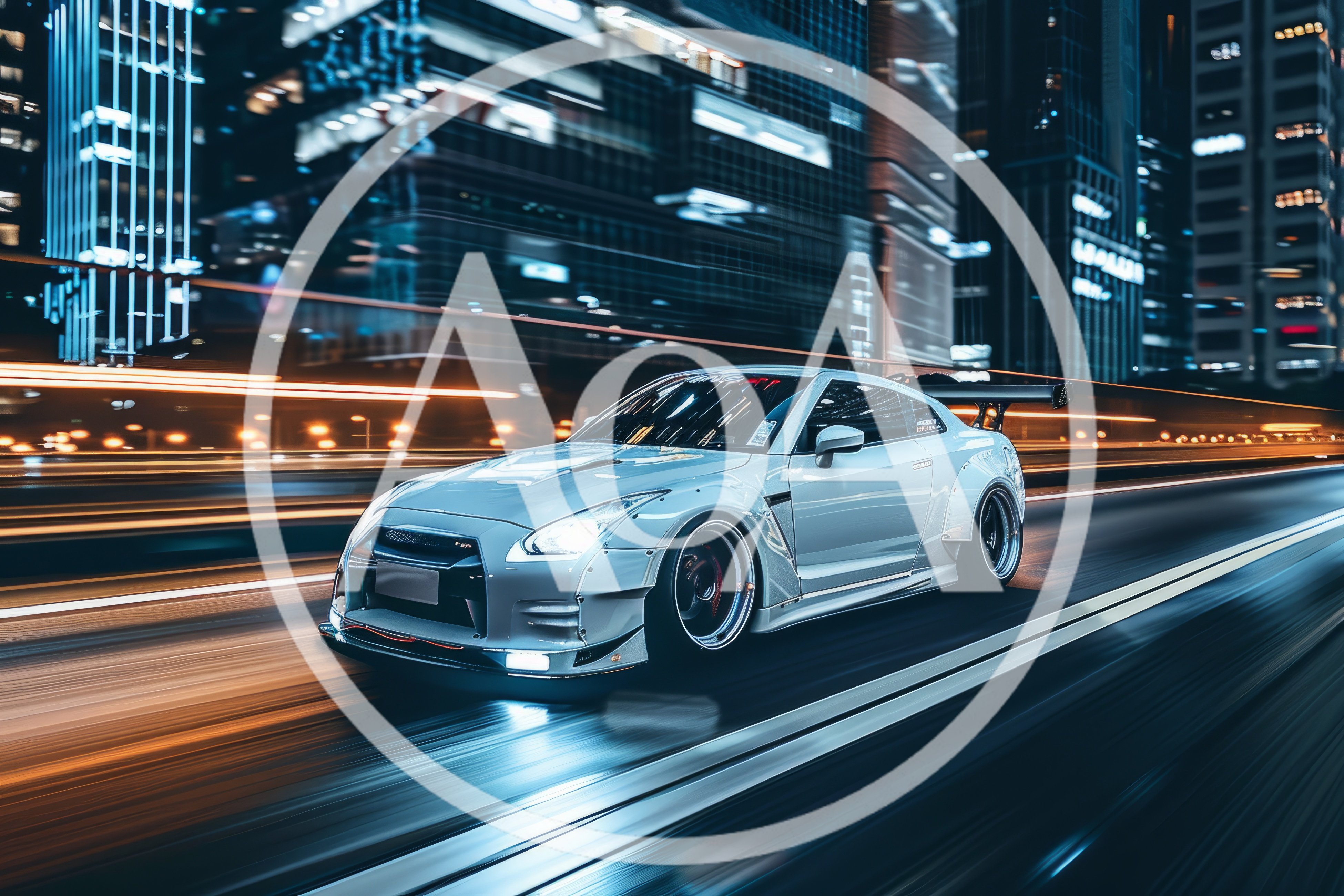 Modified White Nissan GT-R Driving Through City at Night