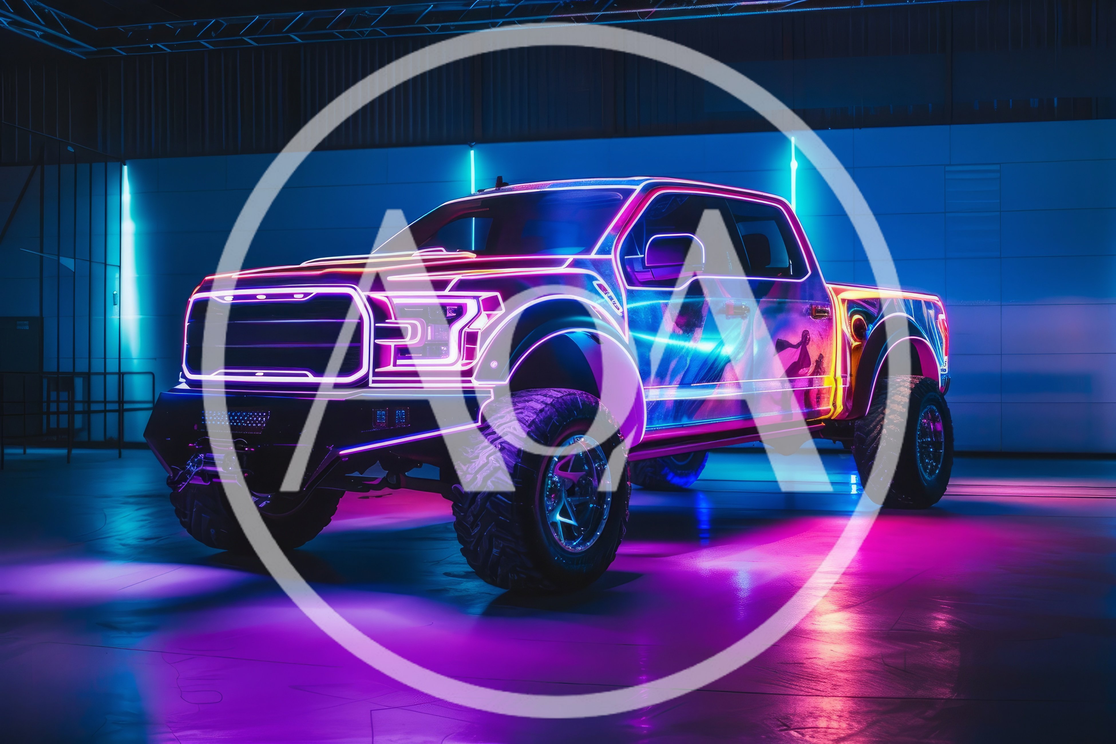 Neon Cyberpunk Style Ford Raptor Pickup Truck