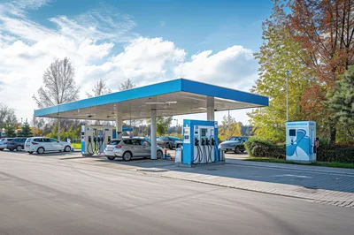 Modern Electric Vehicle Charging Station With Parked Cars