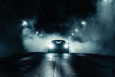 Sports Car Driving Through A Foggy Tunnel