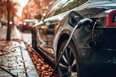 Electric Car Charging On A Rainy City Street
