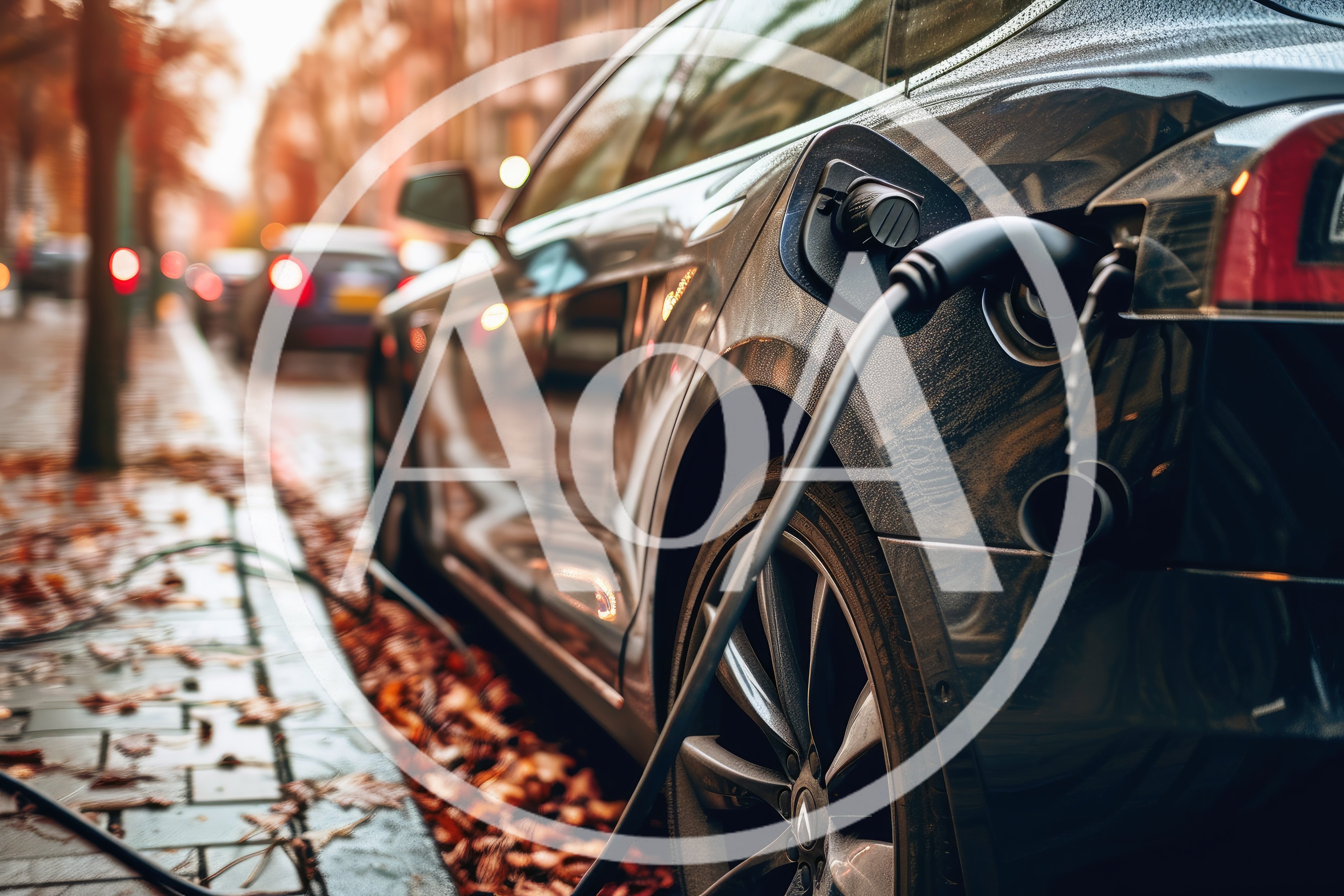 Electric Car Charging On A Rainy City Street