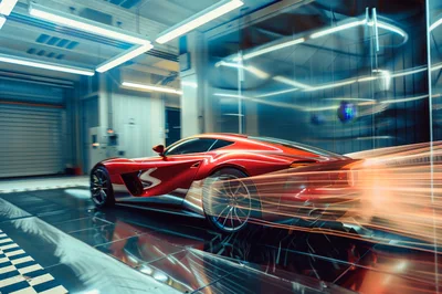 Red Sports Car In Wind Tunnel Testing