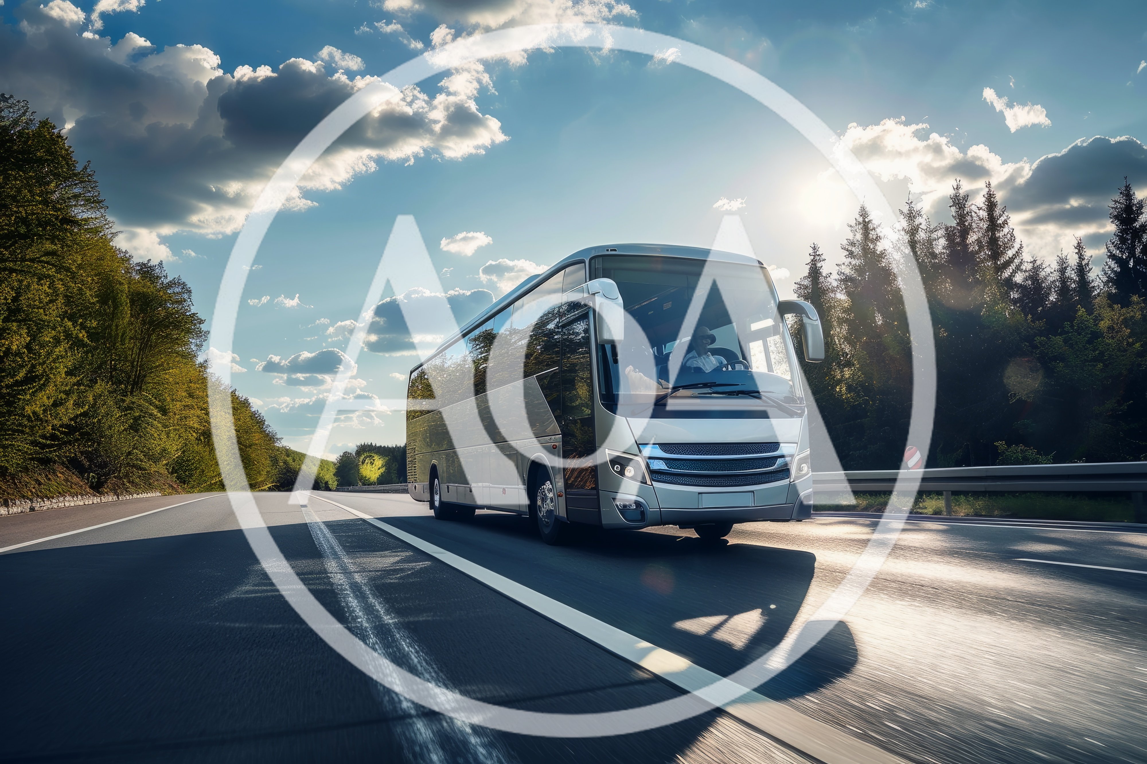Modern Tour Bus Driving On A Scenic Highway