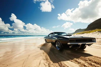 Black Muscle Car Driving On Sandy Beach