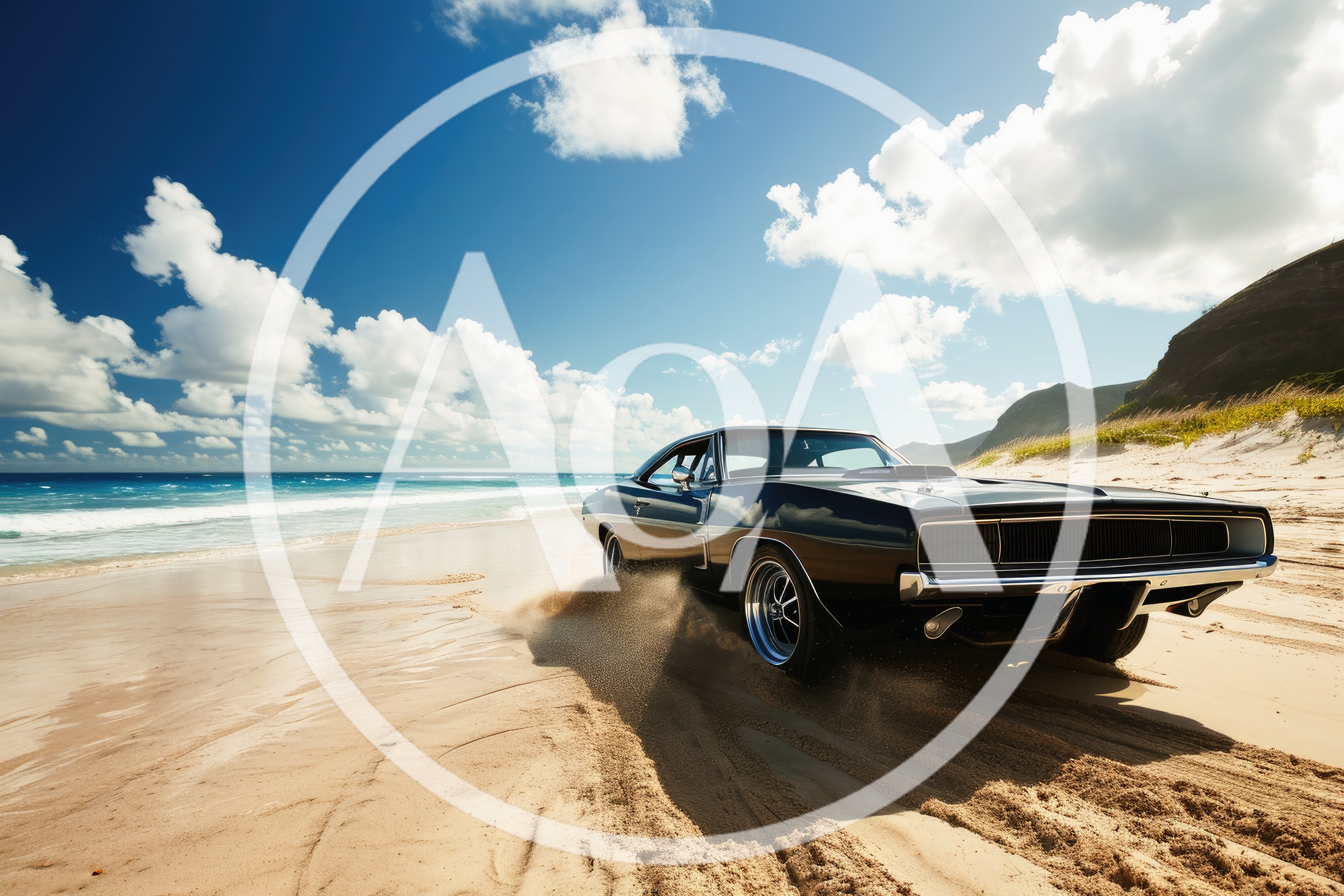 Black Muscle Car Driving On Sandy Beach