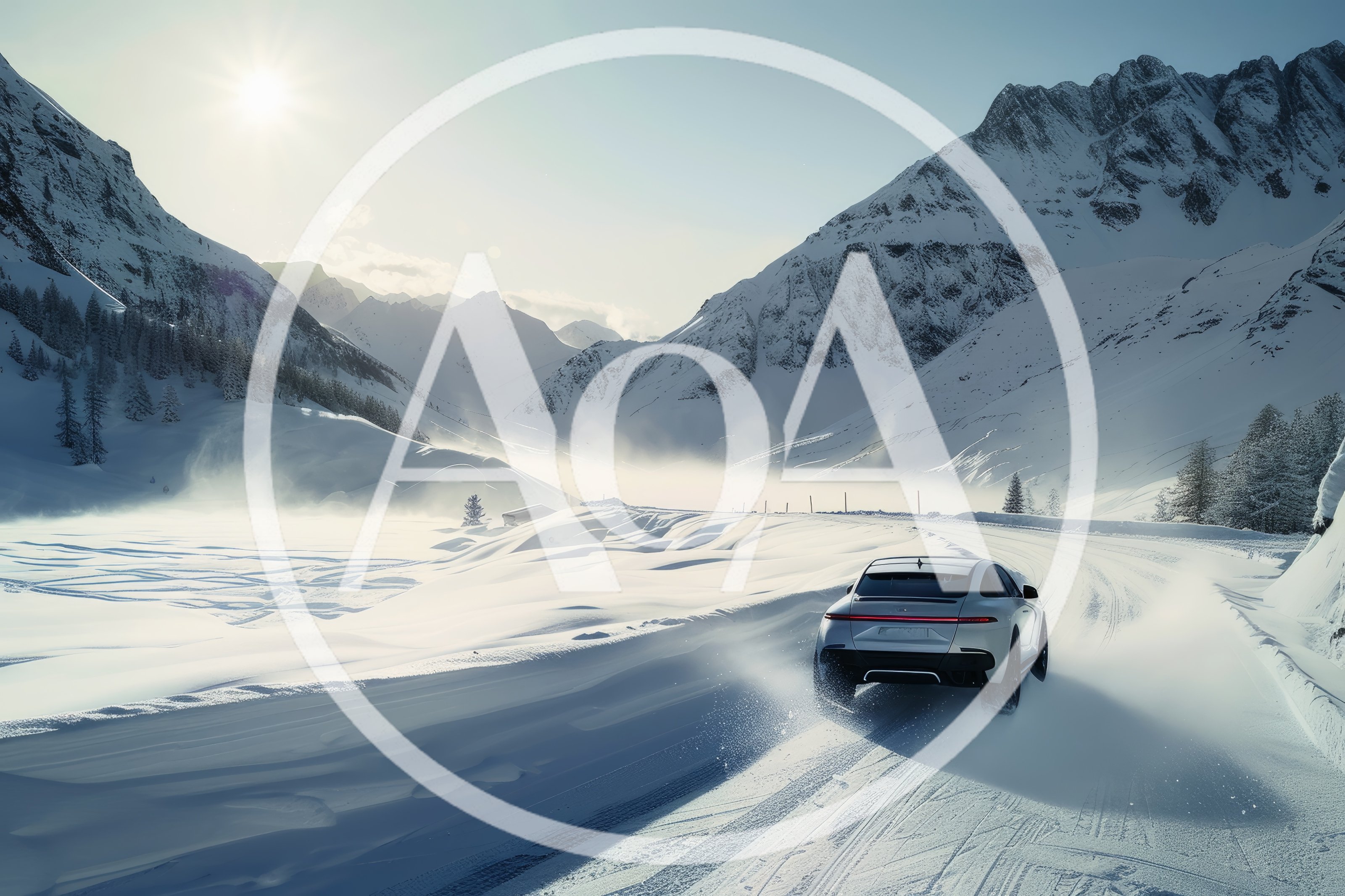 Silver Sports Car Drifting On Snowy Mountain Road