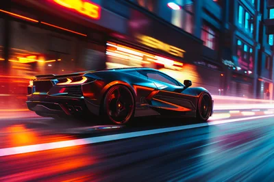Sports Car Speeding Through Neon City Streets