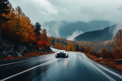 White Sports Car Driving On Wet Mountain Road
