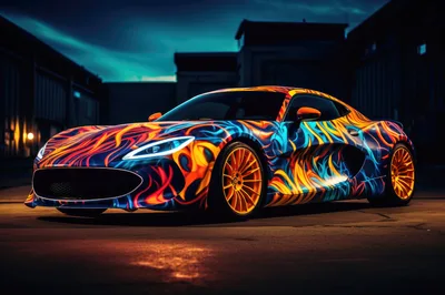 Custom Sports Car With Vibrant Flame Pattern Wrap