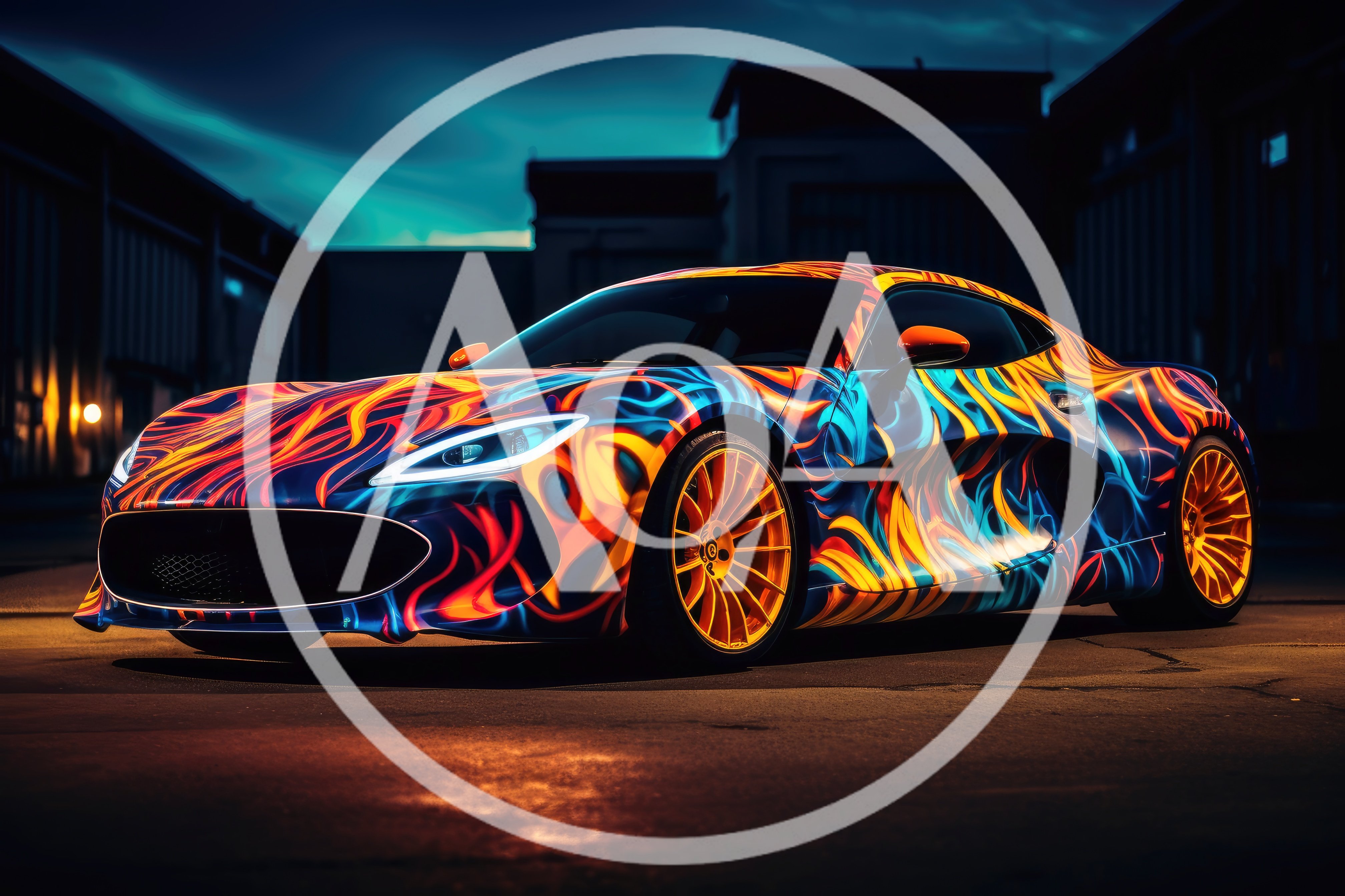 Custom Sports Car With Vibrant Flame Pattern Wrap