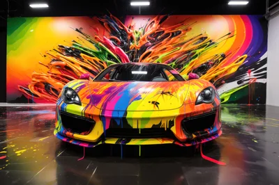 Colorful Paint Splattered Sports Car In Art Studio