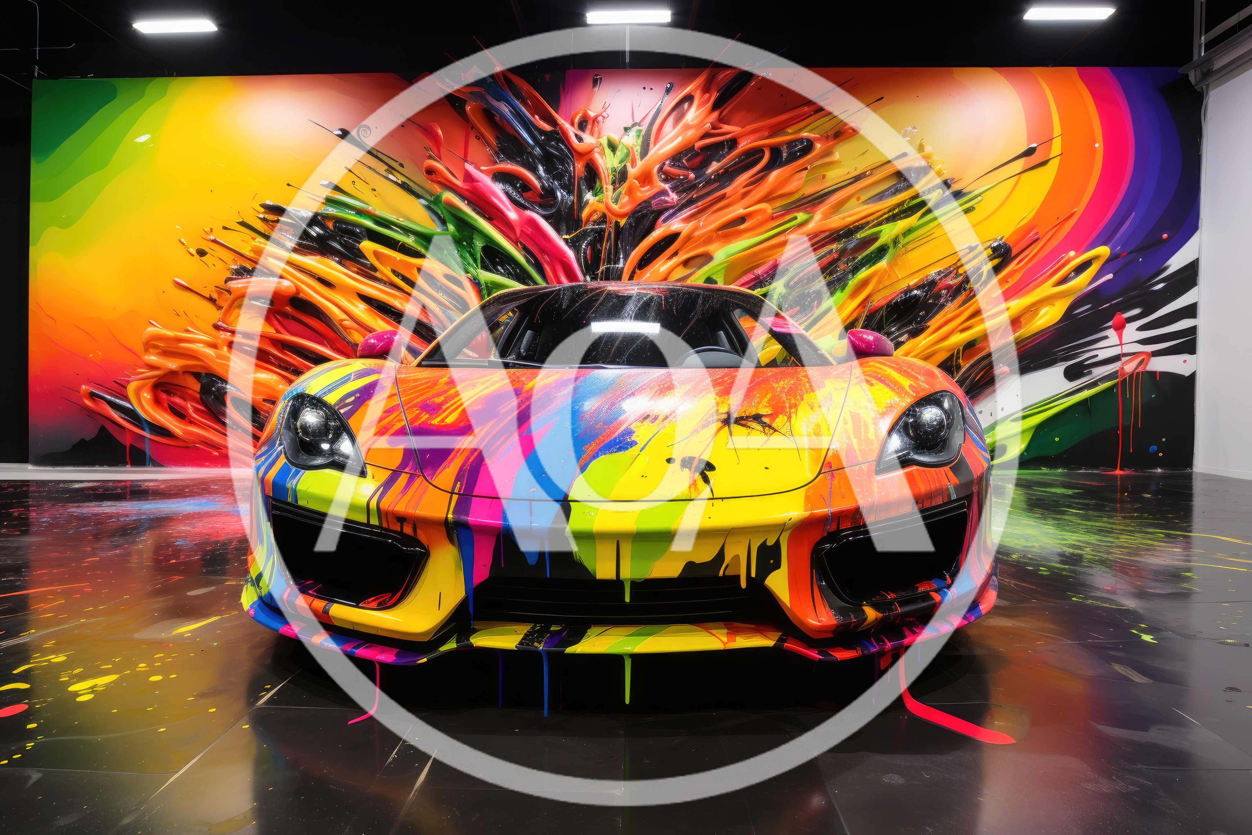 Colorful Paint Splattered Sports Car In Art Studio
