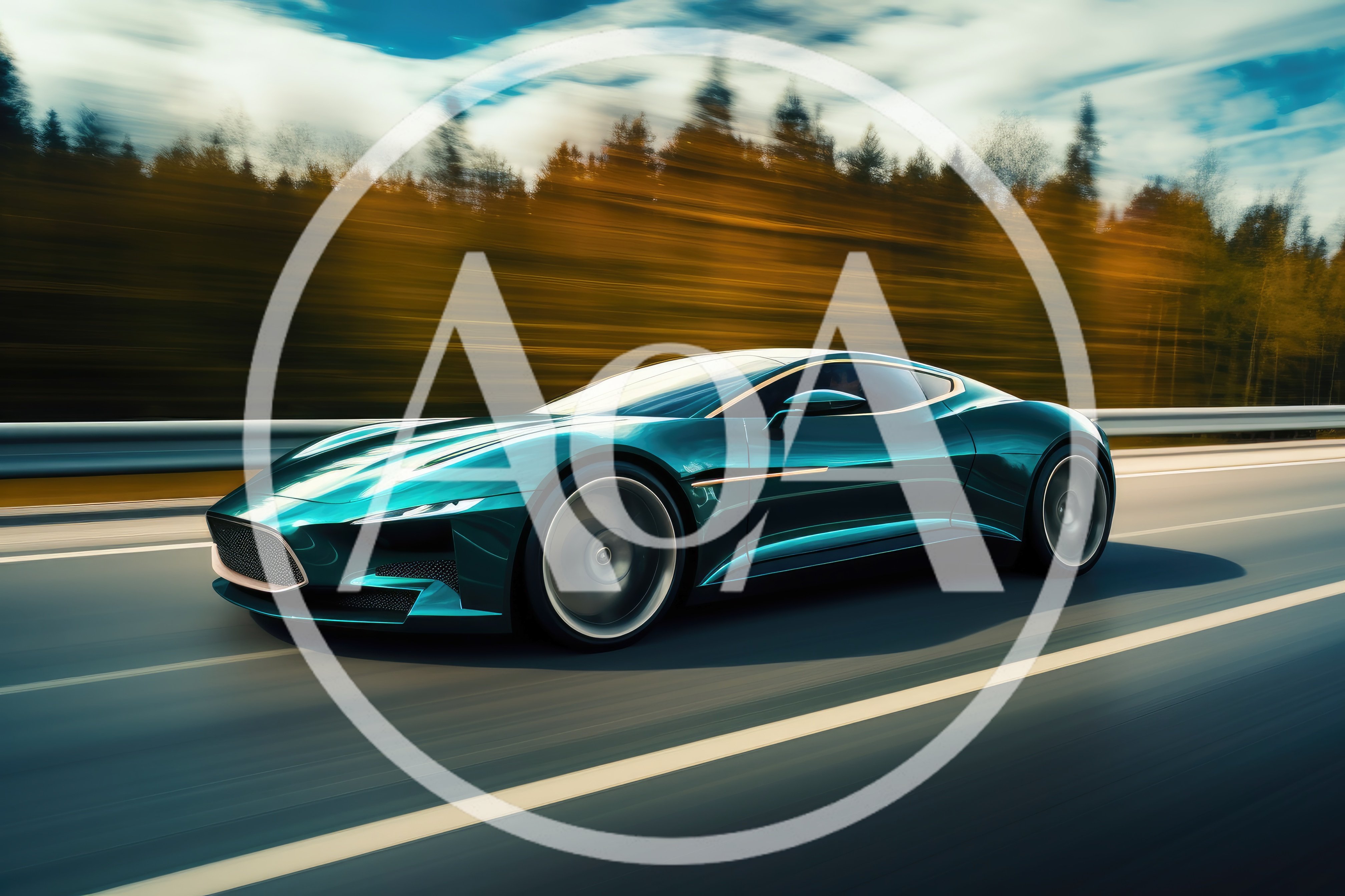 Teal Sports Car Driving Fast on Highway