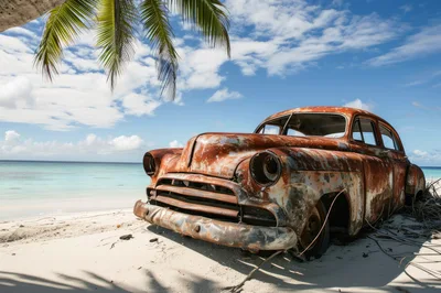 Abandoned Rusty Vintage Car On Tropical Beach