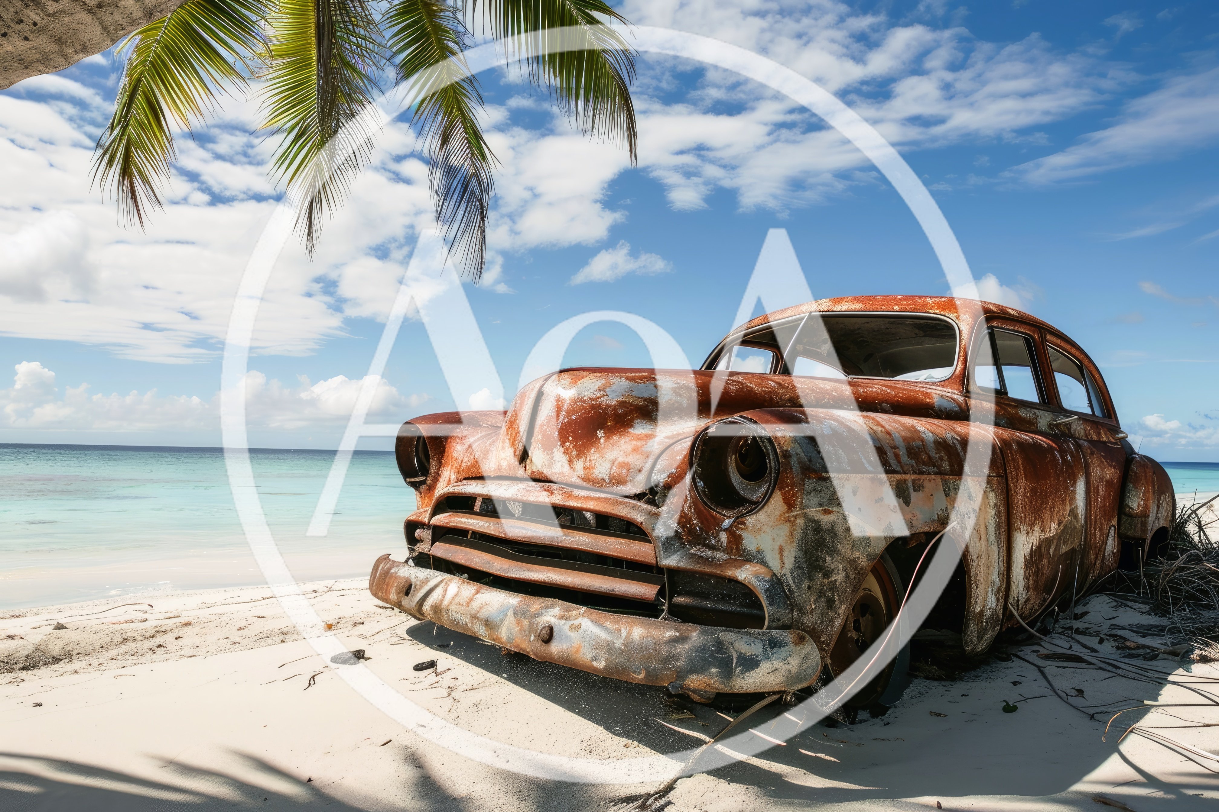 Abandoned Rusty Vintage Car On Tropical Beach
