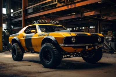 Custom Off-Road Yellow Muscle Car In Industrial Warehouse