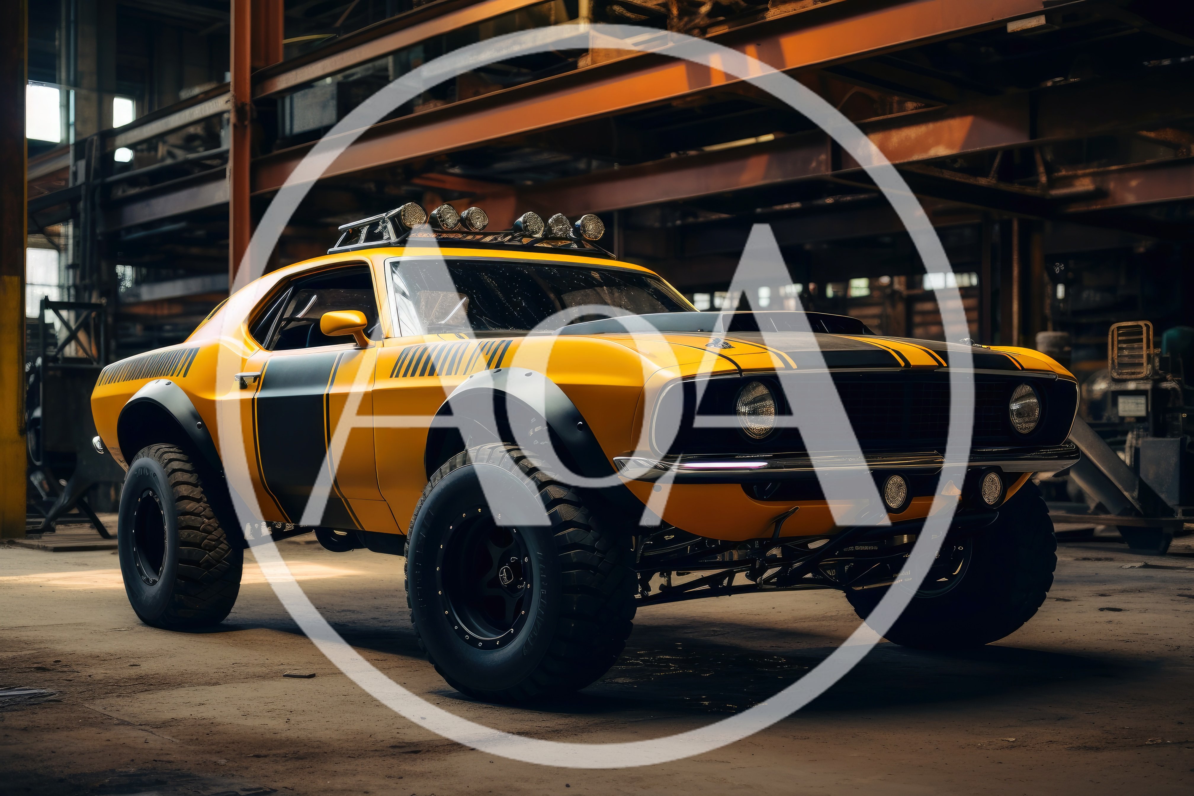 Custom Off-Road Yellow Muscle Car In Industrial Warehouse