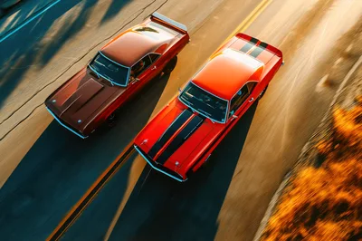 Two Classic Muscle Cars Racing On A Highway