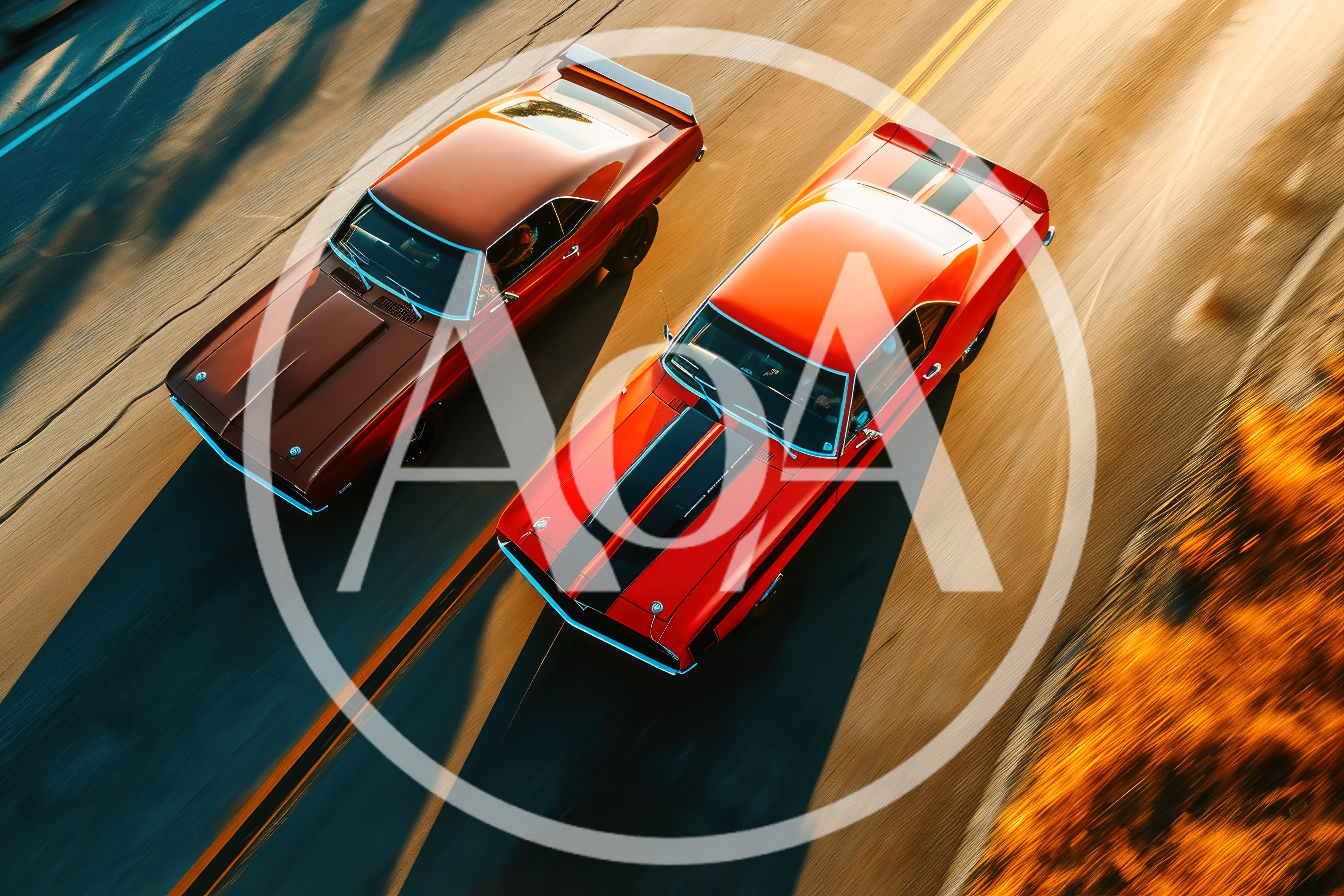 Two Classic Muscle Cars Racing On A Highway