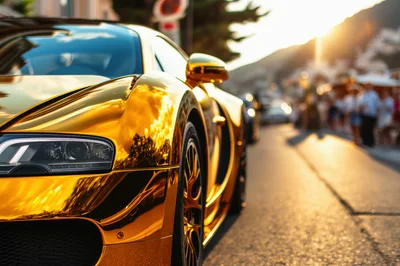 Golden Bugatti Supercar Parked On A Sunny Street