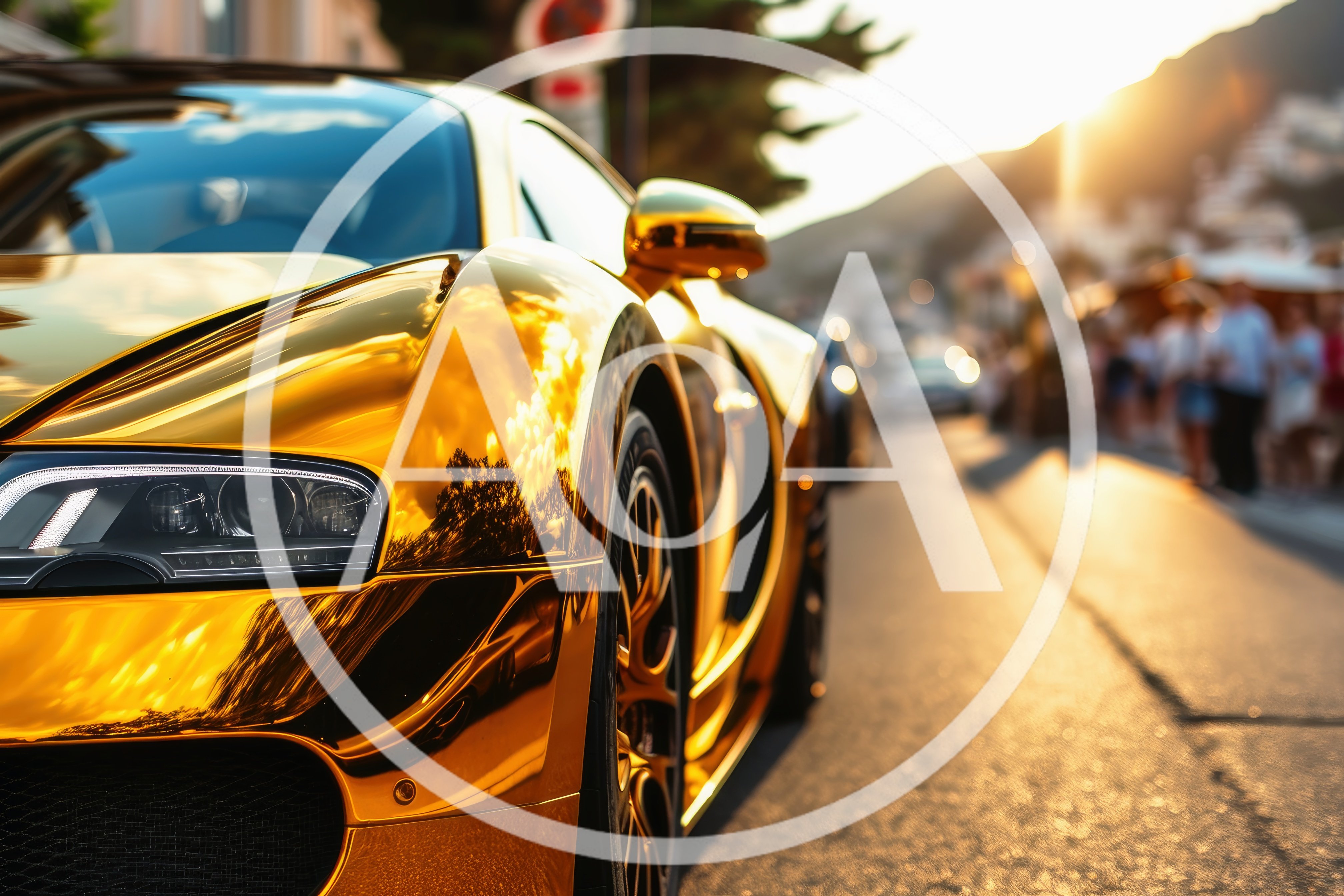 Golden Bugatti Supercar Parked On A Sunny Street