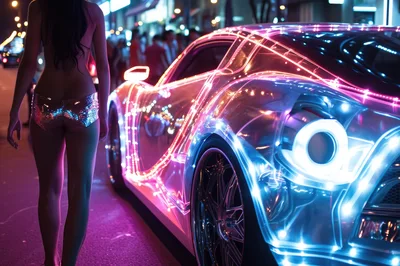 Woman Standing Beside Neon Illuminated Sports Car