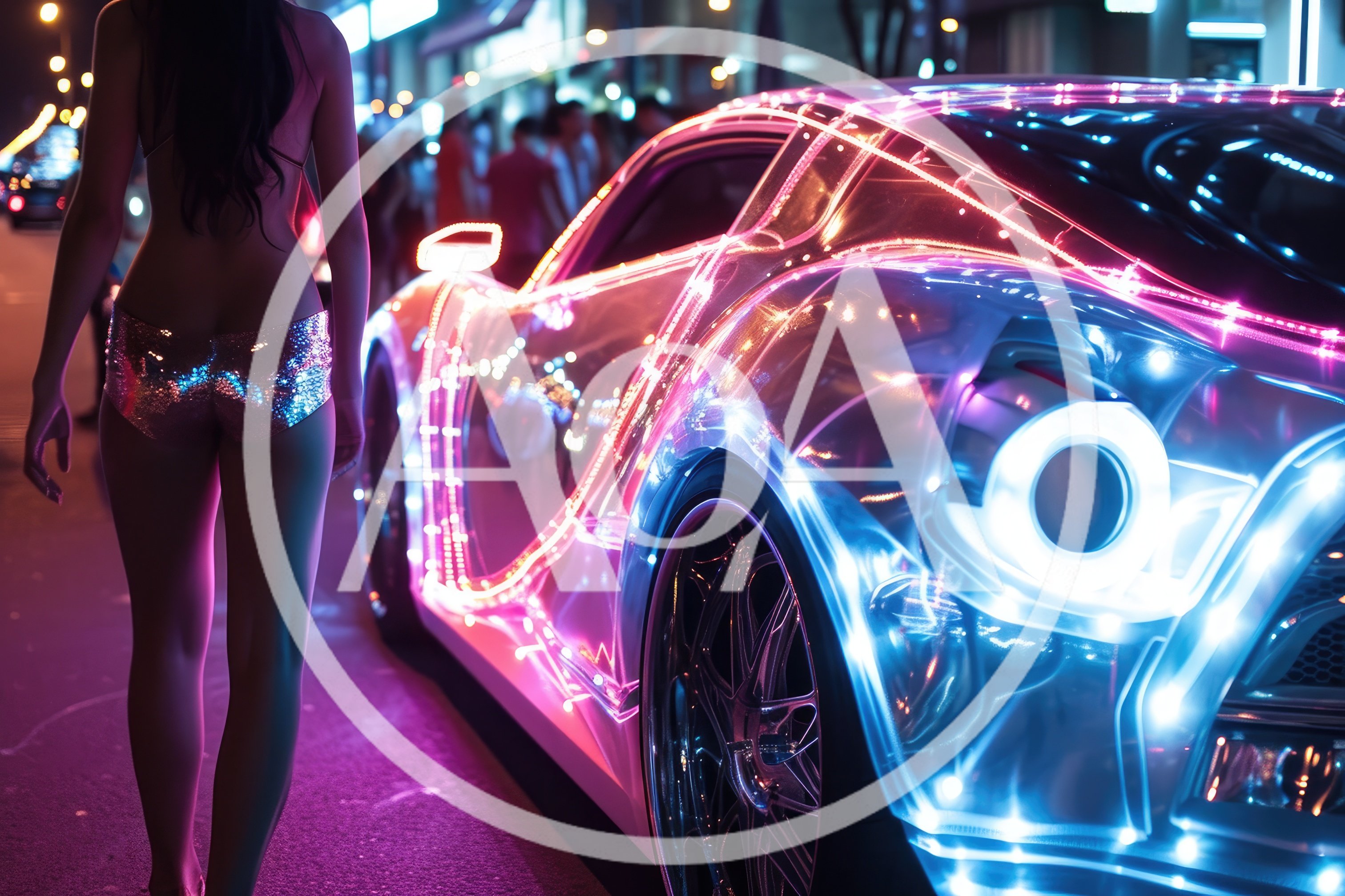Woman Standing Beside Neon Illuminated Sports Car