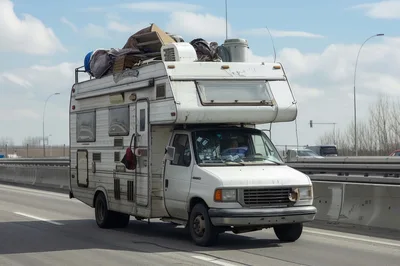 Old White Recreational Vehicle Driving On Highway
