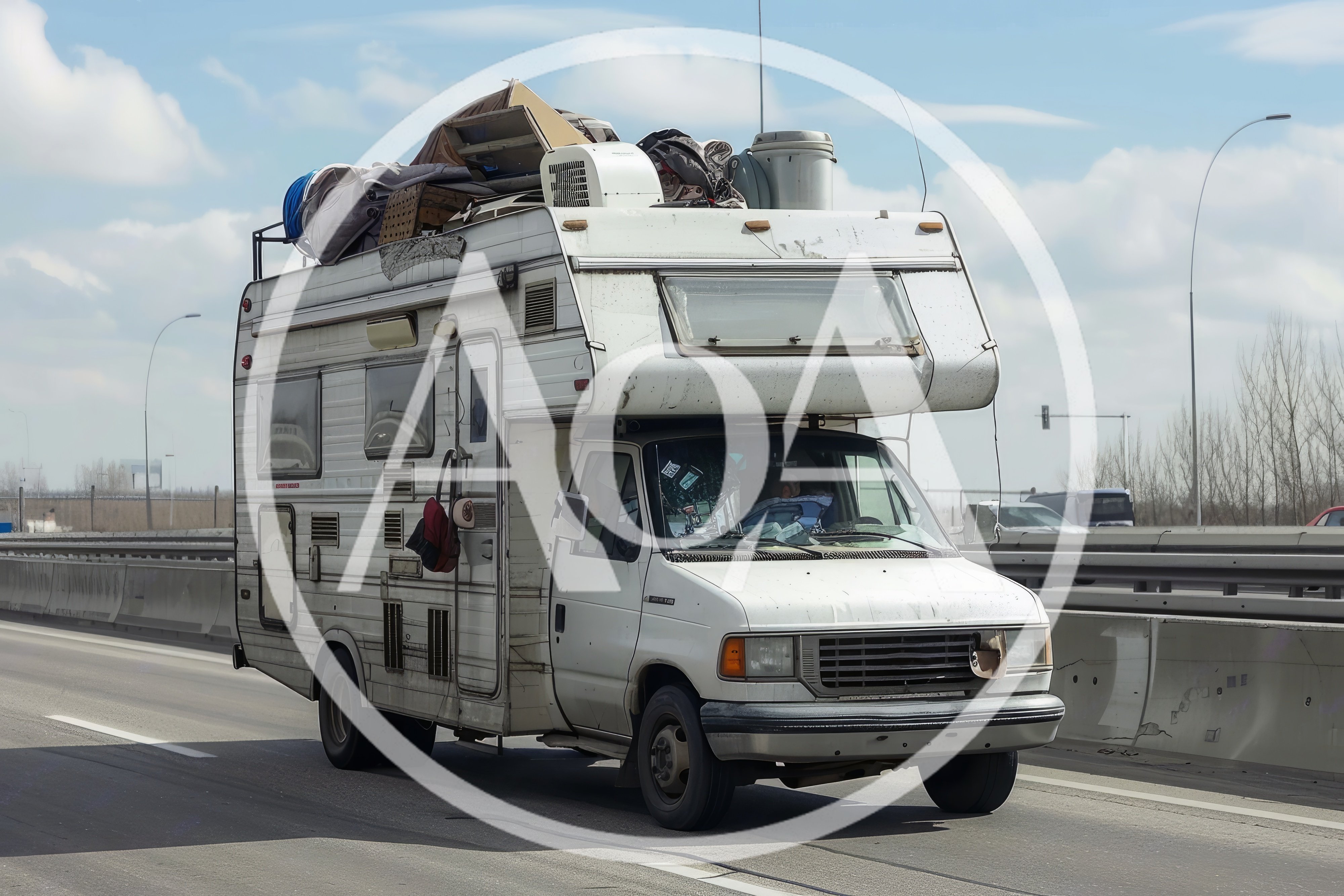 Old White Recreational Vehicle Driving On Highway