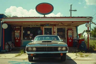 Vintage Muscle Car Parked At An Old Gas Station