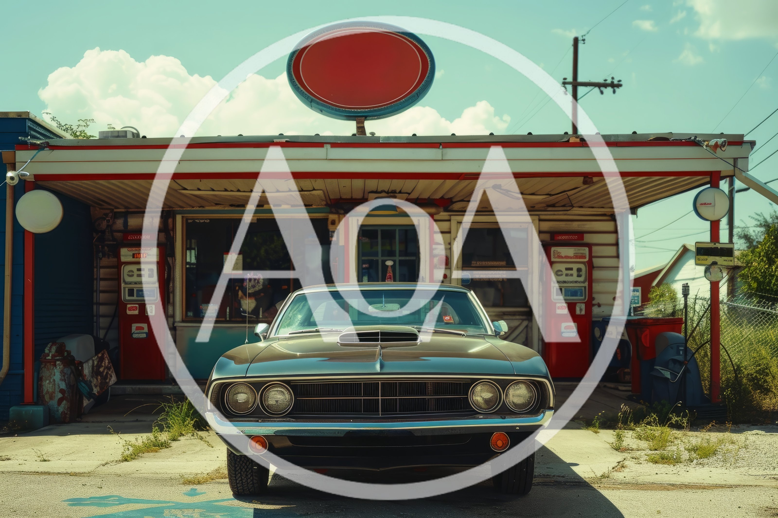 Vintage Muscle Car Parked At An Old Gas Station