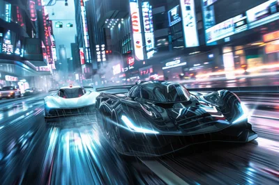 Futuristic Supercars Racing Through Neon Tokyo City Streets