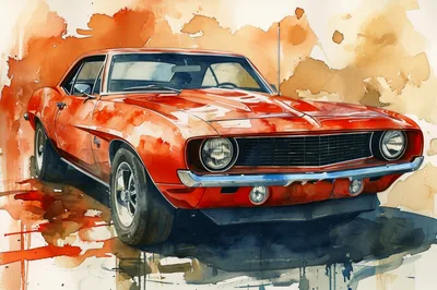 Watercolor Painting Of A Classic Red Muscle Car